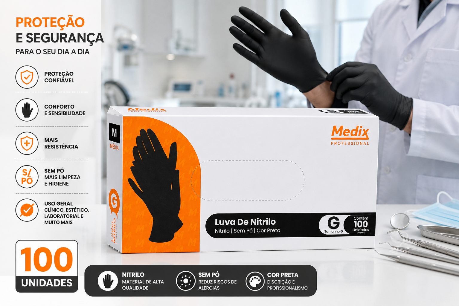 Luvas de nitrilo preta Medix distribuídas pela SAFY Medical Supply