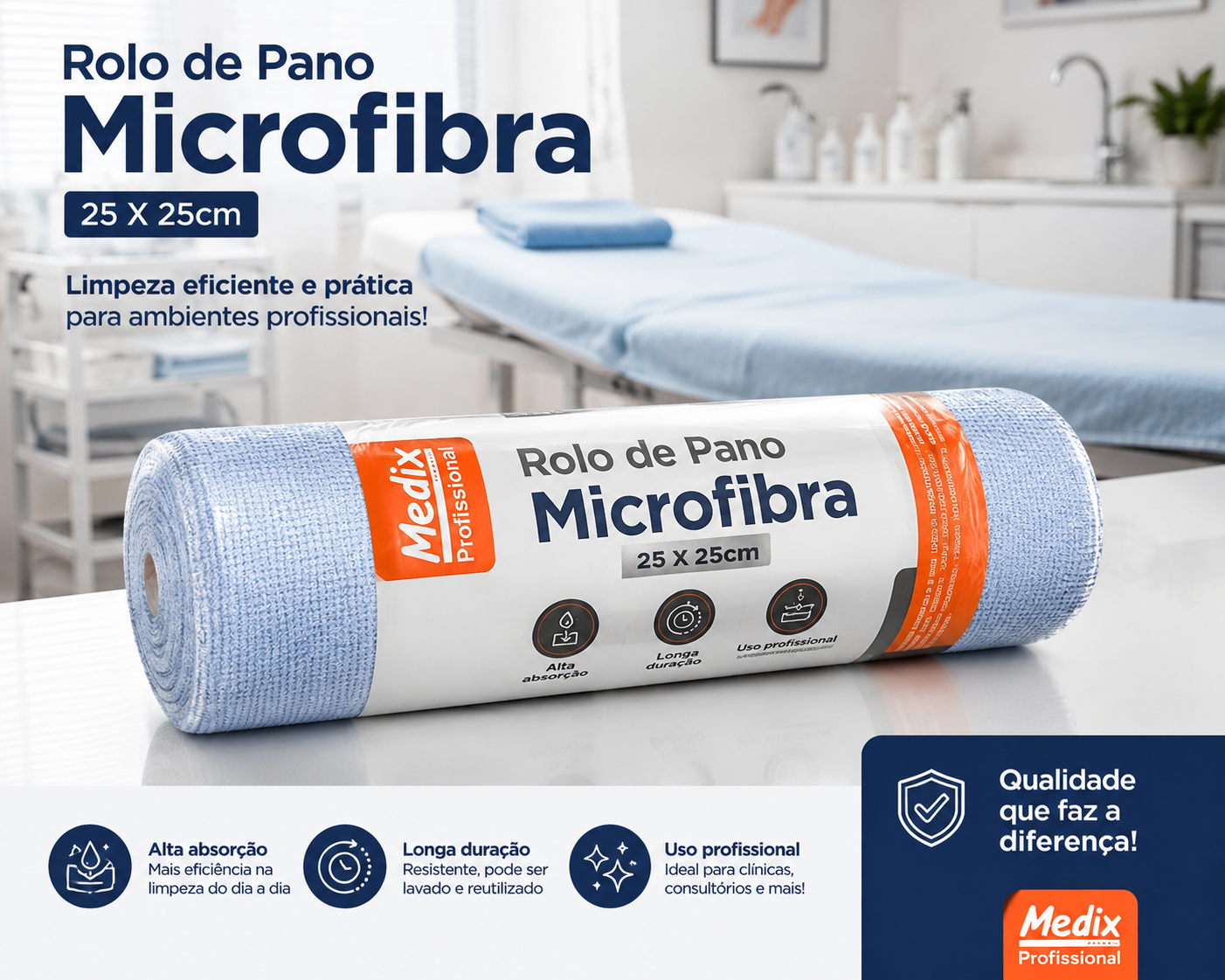 Rolo de pano de microfibra Medix Professional com panos de 25 x 25 cm