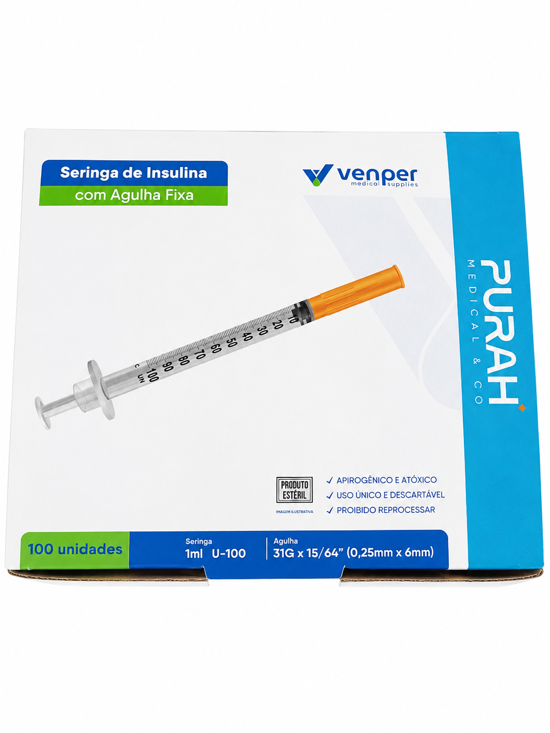 Caixa de seringa de insulina Venper 1 ml U-100, agulha 31G